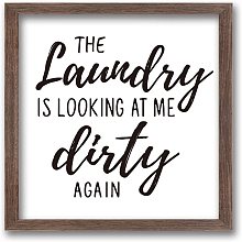 FINGERINSPIRE The Laundry is Looking at Me Dirty Again Sign Funny Farmhouse Decor Art Sign Solid Wood Framed Block Sign with Arylic Layer 13x13 Inch Large Hangable Wooden Frame for Laundry Room Decor