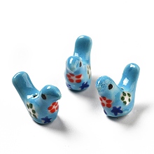 Honeyhandy Handmade Printed Porcelain Beads, Pigeon, Deep Sky Blue, 12.5~13x17~19x7~8.5mm, Hole: 1.5mm