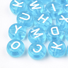 Honeyhandy Transparent Acrylic Beads, Horizontal Hole, Mixed Letters, Flat Round, Deep Sky Blue, 7x4mm, Hole: 1.5mm, about 3700pcs/500g