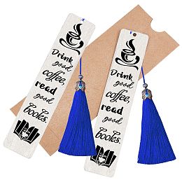 CRASPIRE 2PCS Stainless Steel Bookmark Silver Lettering Bookmarks with Tassel Pendant and Kraft Paper Bag for Book Lovers Teacher Students (Drink good coffee, read good books)