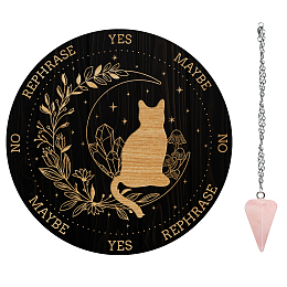 AHANDMAKER 1Pc Cone/Spike/Pendulum Natural Rose Quartz Stone Pendants, 1Pc 304 Stainless Steel Cable Chain Necklaces, 1Pc PVC Custom Pendulum Board, Dowsing Divination Board, Cat Pattern, 3pcs/set