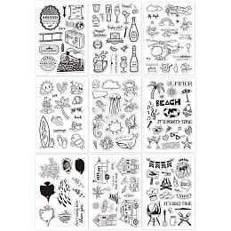 GLOBLELAND 9 Sheets Mixed Theme Silicone Clear Stamps Seal for Card Making Decor and DIY Scrapbooking(Train Wine Bottle Helicopter Travel Holiday Seaside Animal Barbecue)