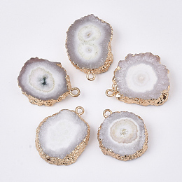 Honeyhandy Natural Druzy Agate Pendants, with Brass Finding, Golden Tone Edge Plated, Nuggets, Rosy Brown, 22~33x18~25x5~7mm, Hole: 1.2~2mm