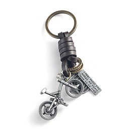 Honeyhandy Punk Style Woven Cow Leather Alloy Pendant Keychain, for Car Key Pendant, Antique Silver, Bicycle Pattern, 11cm