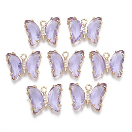 Honeyhandy Glass Pendants, with Micro Pave Cubic Zirconia and Brass Open Back Settings, Faceted, Butterfly, Light Gold, Lilac, 15.5x20x4mm, Hole: 1.8mm