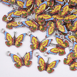 Honeyhandy Printed Alloy Pendants, with Enamel, Butterfly, Platinum, Gold, 14x20.5x1.5mm, Hole: 1.6mm