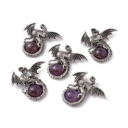 Honeyhandy Natural Amethyst Dome Pendants, Gragon Charms, with Rack Plating Antique Silver Tone Alloy Findings, Cadmium Free & Lead Free, 44x46x9mm, Hole: 5.5x4mm