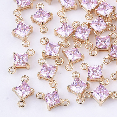 Honeyhandy Transparent Glass Links connectors, with Brass Findings, Faceted, Rhombus, Light Gold, Pearl Pink, 11x7x4mm, Hole: 1mm, Side Length: 5mm