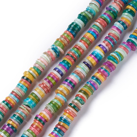 ARRICRAFT Natural Freshwater Shell Beads Strands, Dyed, Heishi Beads, Flat Round/Disc, Mixed Color, 8~8.5x1~3mm, Hole: 1mm, about 210pcs/strand, 15.39 inches(39.1cm)