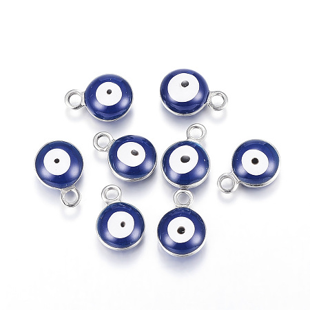 Honeyhandy 304 Stainless Steel Enamel Charms, Flat Round with Evil Eye, Stainless Steel Color, Medium Blue, 8.5x6x4mm, Hole: 1mm