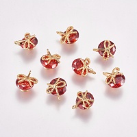 Brass Glass Charms, Real 18K Gold Plated, Bowknot, Red, 11x9x6mm, Hole: 1mm