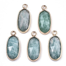 Honeyhandy Natural Flower Amazonite Pendants, with Light Gold Plated Brass Edge and Loop, Oval, Faceted, 18x8x4mm, Hole: 1.6mm