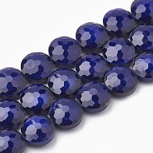 Honeyhandy Opaque Solid Color Glass Beads Strands, Faceted, Flat Round, Indigo, 14x8mm, Hole: 1~1.2mm, about 25pcs/strand, 13.77 inch(35cm)