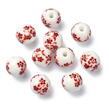 Honeyhandy Handmade Printed Porcelain Round Beads, with Flower Pattern, Indian Red, 10mm, Hole: 2mm