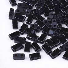 Honeyhandy 2-Hole Opaque Glass Seed Beads, Rectangle, Black, 4.5~5.5x2x2~2.5mm, Hole: 0.5~0.8mm