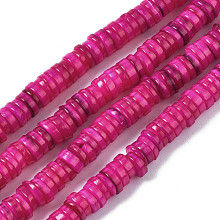 Honeyhandy Natural Freshwater Shell Beads Strands, Dyed, Flat Round/Disc, Heishi Beads, Fuchsia, 5~6x1~2mm, Hole: 1mm, about 205~215pcs/strand, 15.35 inch(39cm)