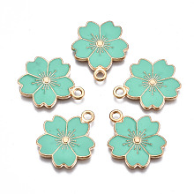 Honeyhandy Alloy Enamel Pendants, Sakura Flower, Light Gold, Aquamarine, 20.5x17.5x1.5mm, Hole: 2mm