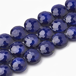 Honeyhandy Opaque Solid Color Glass Beads Strands, Faceted, Flat Round, Indigo, 14x8mm, Hole: 1~1.2mm, about 25pcs/strand, 13.77 inch(35cm)