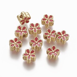 Honeyhandy Brass Enamel Beads, Long-Lasting Plated, Flower, Real 18K Gold Plated, Red, 7x3.3mm, Hole: 1.6mm