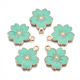 Honeyhandy Alloy Enamel Pendants, Sakura Flower, Light Gold, Aquamarine, 20.5x17.5x1.5mm, Hole: 2mm