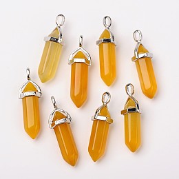 Honeyhandy Natural Agate Double Terminated Pointed Pendants, with Random Alloy Pendant Hexagon Bead Cap Bails, Bullet, Platinum, 37~40x12mm, Hole: 3mm