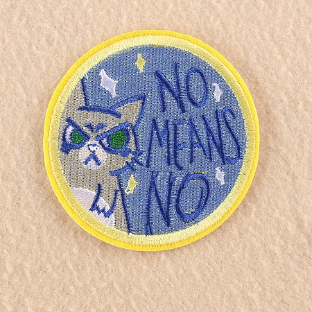 Honeyhandy Computerized Embroidery Cloth Iron on/Sew on Patches, Costume Accessories, Appliques, Flat Round with Cat, Word No Means No, Cornflower Blue, 7.3x7.1cm