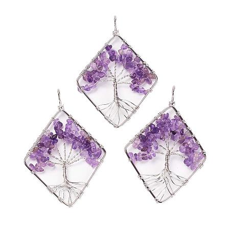 ARRICRAFT 1 pcs Rhombus Tree of Life Crushed Chip Stone with Platinum Brass Findings Natural Peridot Chips Pendants for Earring DIY Jewelry Making, Purple