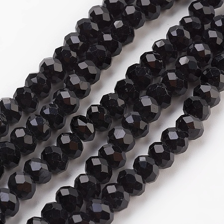 Honeyhandy Glass Beads Strands, Imitation Jade Glass, Faceted, Rondelle, Black, 6x4~5mm, Hole: 0.8~1mm, about 88~92pcs/strand, 15.5 inch~16 inch(39~45cm)