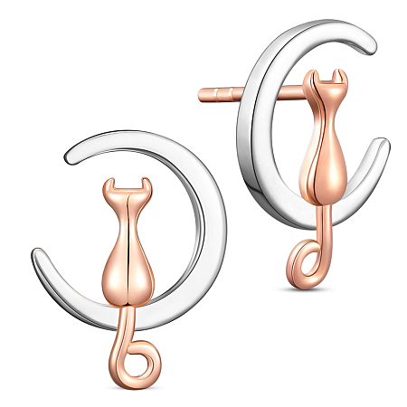 SHEGRACE 925 Sterling Silver Kitten Stud Earrings, Crescent Moon with Cat, Platinum & Rose Gold, 18x13.2mm