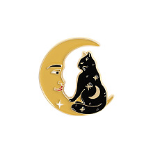 Honeyhandy Cat with Moon Enamel Pin, Light Gold Plated Alloy Badge for Backpack Clothes, Goldenrod, 30x25mm