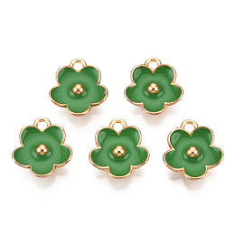 Honeyhandy Light Gold Plated Alloy Enamel Pendants, Flower, Green, 13x11.5x3mm, Hole: 1.6mm