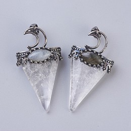 Honeyhandy Natural Quartz Crystal Big Pendants, with Brass Findings, Triangle, Antique Silver, 53~58x28~29x16~18mm, Hole: 5x7mm