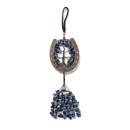 Honeyhandy Natural Lapis Lazuli Chip Tree of Life Pendants Decoration, Brass Horse Shose Tassel Gems Hanging Ornaments, 220mm, Pendant: 170x59x7mm