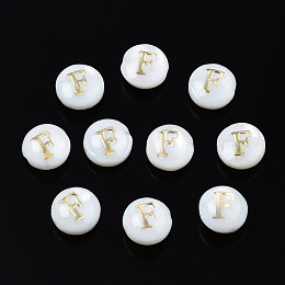 Honeyhandy Natural Freshwater Shell Beads, with Golden Plated Brass Etched Metal Embellishments, Flat Round with Letter, Seashell Color, Letter.F, 6x4mm, Hole: 0.8mm