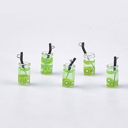 Honeyhandy Glass Bottle Pendants, with Resin, Plastic and Iron Findings, Fruit Tea Charms, Platinum, Green Yellow, 25~28x10mm, Hole: 1.8mm