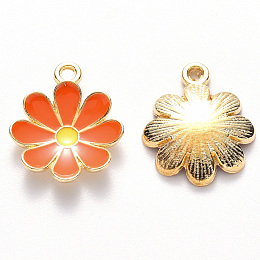 Honeyhandy Alloy Enamel Pendants, Flower, Light Gold, Tomato, 19x16x3.5mm, Hole: 1.8mm