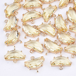 Arricraft Transparent Glass Links connectors, with Brass Findings, Faceted, Half Round, Light Gold, Light Khaki, 14x16x5mm, Hole: 1.2mm