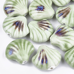 Arricraft Handmade Porcelain Beads, Fancy Antique Glazed Porcelain, Shell, Medium Aquamarine, 28~29x32~33x12.5~14mm, Hole: 3~3.5mm