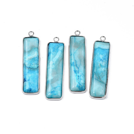 Natural Agate Pendants, with Platinum Tone Brass Findings, Dyed, Rectangle, 48~49x13x4~5mm, Hole: 2.5mm