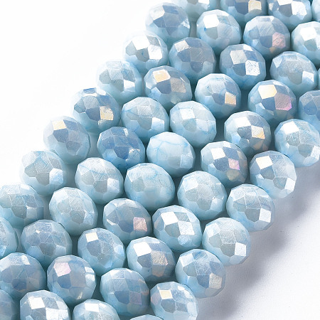 Opaque Baking Painted Glass Beads Strands, Faceted, Flat Round, Sky Blue, 10x8mm, Hole: 1.5mm, about 66pcs/strand, 21.06 inch~21.26 inch(53.5~54cm)