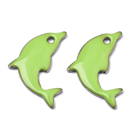 Honeyhandy 201 Stainless Steel Enamel Pendants, Dolphin, Stainless Steel Color, Green Yellow, 17x11.5x1.5mm, Hole: 1.2mm