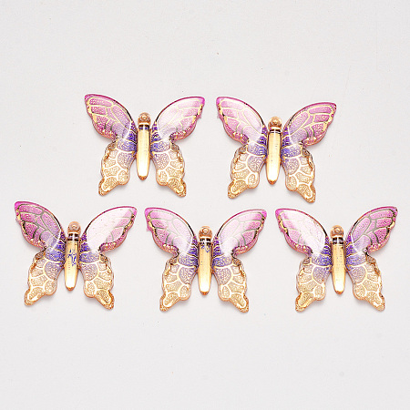 Honeyhandy Transparent Acrylic Pendants, with Plated Bottom, Butterfly, Medium Violet Red, 34x39x5.5mm, Hole: 1.2mm