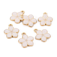 Honeyhandy Light Gold Plated Alloy Enamel Pendants, Flower, Cadmium Free & Lead Free, White, 17x14.5x1.5mm, Hole: 1.6mm