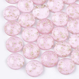 Resin Cabochons, with Glitter Powder and Gold Foil, Half Round, Pink, 12x5.5mm