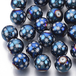 Honeyhandy Christmas Electroplate Glass Beads, Round with Star Pattern, Blue Plated, 10mm, Hole: 1.2mm