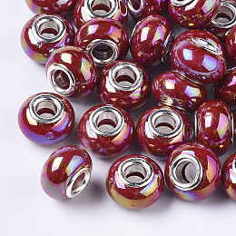 Honeyhandy Opaque Resin European Beads, Large Hole Beads, Imitation Porcelain, with Platinum Tone Brass Double Cores, AB Color, Rondelle, Dark Red, 14x9mm, Hole: 5mm