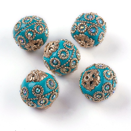 Honeyhandy Handmade Indonesia Beads, with Metal Findings, Light Gold Color Plated, Round, Dark Turquoise, 20~21x19~20mm, Hole: 1.5mm