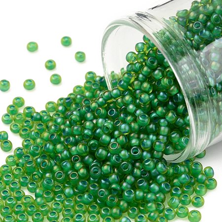 TOHO Round Seed Beads, Japanese Seed Beads, (947F) Frosted Aqua Lined Green Luster, 11/0, 2.2mm, Hole: 0.8mm, about 5555pcs/50g