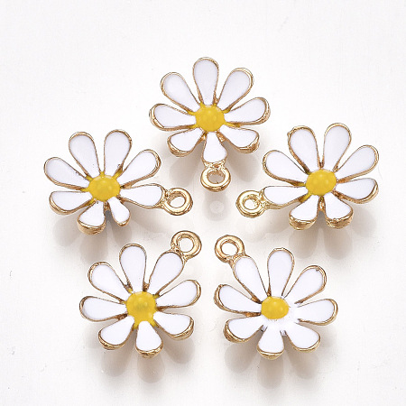 Nbeads  Alloy Pendants, with Enamel, Flower, Light Gold, White, 19x15x4mm, Hole: 1.5mm