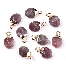 Honeyhandy Natural Strawberry Quartz Charms, Top Light Gold Plated, with Iron Loop, Oval, Faceted, 14~15x8x5mm, Hole: 1.8mm